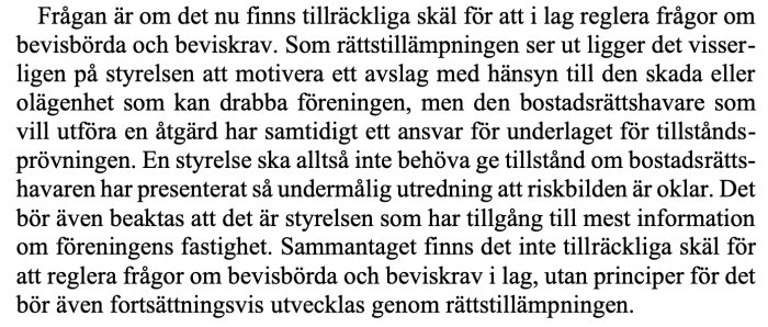 Närbild av en textavsnitt från en proposition som diskuterar bevisbörda och tillståndsgivning inom bostadsrättsföreningar.