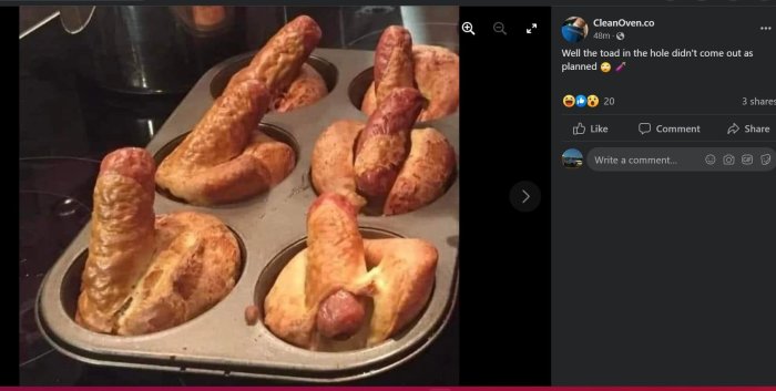 Korvar som sticker ut ur pajer i en muffinsplåt med ett misslyckat utseende.