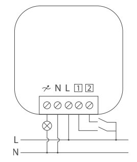 Skematisk illustration av Plejd kopplingsschema med anslutningar för fas (L), nolla (N) och tändtrådar (L1, L2).