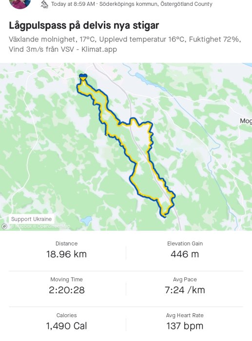 Skärmavbild av en träningsapp med karta som visar löprunda på 18,96 km, höjdökning och träningsstatistik.