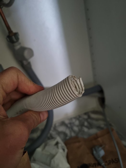 Hand håller en skadad och hackig vit avloppsslang till diskmaskin som behöver bytas ut.