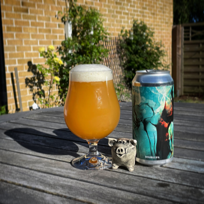 Glas med öl och en burk Alefarm Double IPA på ett bord ute i solen.