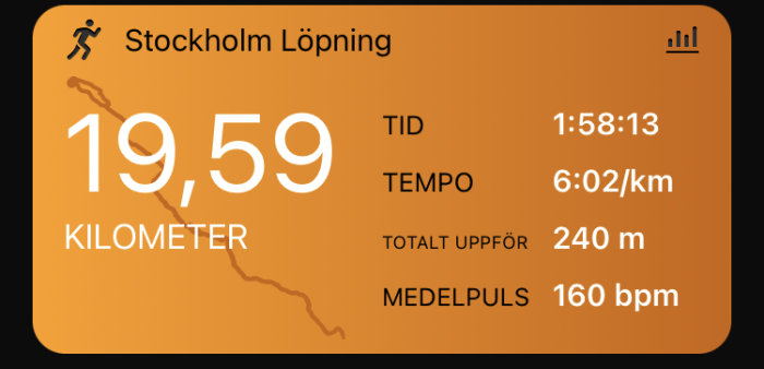Löpappskärm med sträcka 19,59 km, tid 1:58:13, tempo 6:02/km, höjd 240 m, puls 160 bpm.