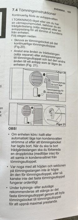 Instruktionssid från manual för Electrolux luftavfuktare, med diagram över tömningsutlopp.