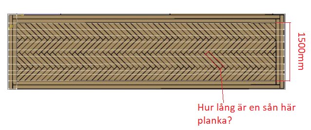 Diagram över balkong med fiskbenstrall och måttangivelser, fråga om planklängd.