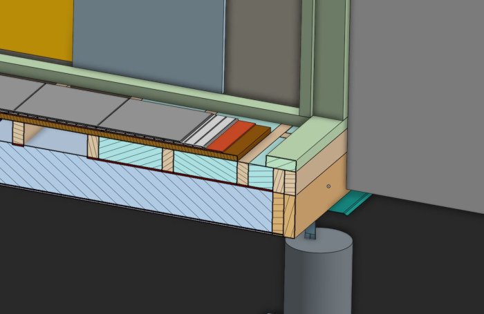 3D-modell av ett byggprojekt som visar plintar, bjälklag, och golvlager i en konstruktion.