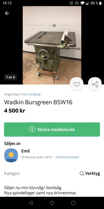 Använd Wadkin Bursgreen BSW16 klyvsåg/bordsåg till salu för 4 500 kr med nya spindellager och drivremmar.