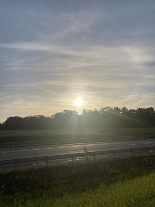 Soluppgång över en motorväg med grönt gräs och silhuetter av träd i horisonten.