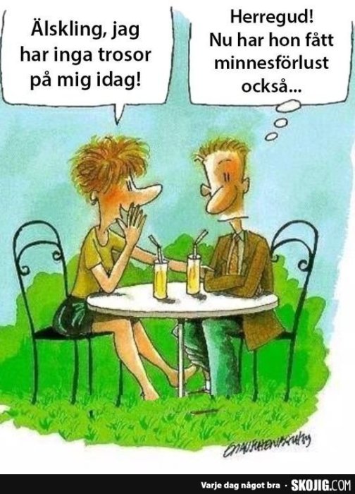 Tecknad bild av ett par som pratar vid ett cafébord, med textballonger med humoristisk dialog.