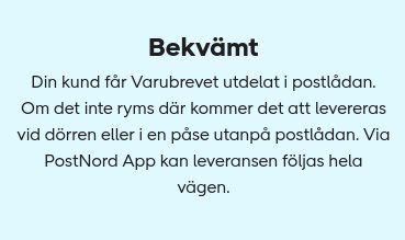 Bild på information om Postnord Varubrev, beskriver utlämning i postlådan eller vid dörren.