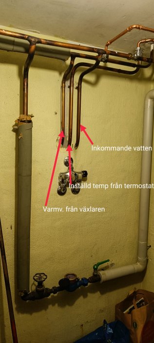 Gammal termostat med inställningsvärde 15°c kopplad till kopparrör i pannrum, okänd funktion.