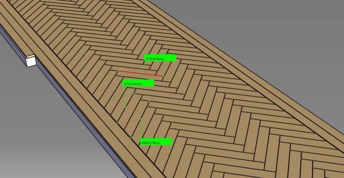 3D-modell av ett herringbone-mönsterat trägolv med måttangivelser.