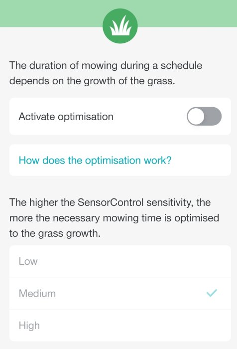 Skärmdump av inställningsmeny för gräsklippningsoptimering med aktiveringsväxel och känslighetsval.