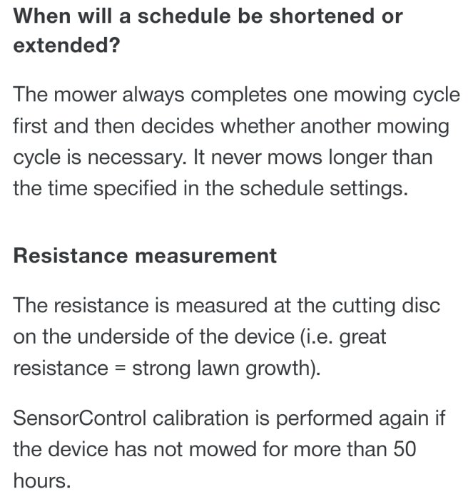 Text från en manual som beskriver när en gräsklippschema kan förkortas eller förlängas och förklarar resistansmätning.