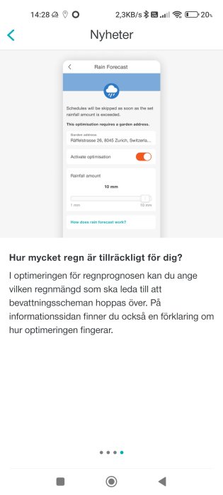 Skärmdump av en regnprognosinställning på en smartphone för bevattningsoptimering med inställt regnmängdsvärde.