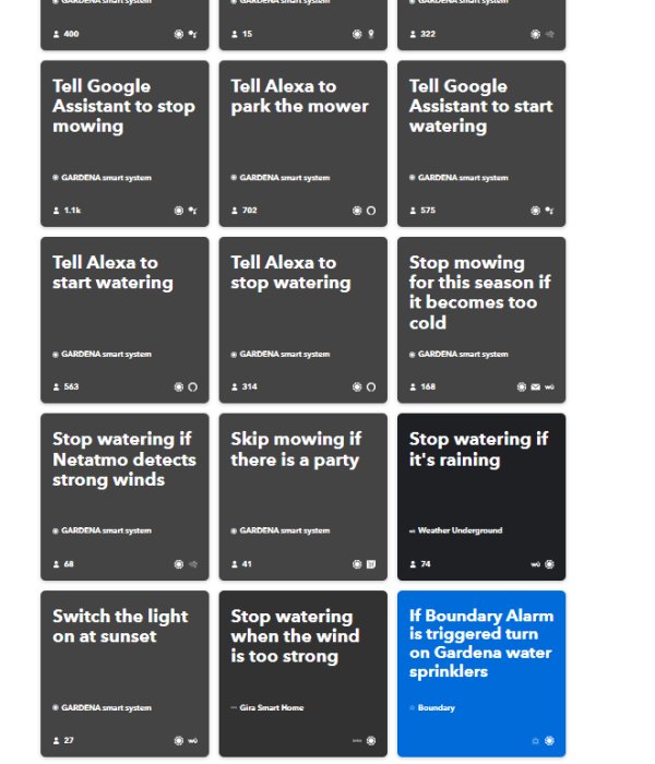 Skärmbild som visar olika IFTTT-applet-kort för att kontrollera Gardena smarta system såsom klippning och bevattning.