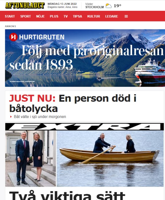 Skärmdump från en nyhetssida med rubriker om en båtolycka och en bild på två personer i en roddbåt.