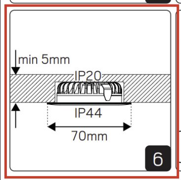 Teknisk ritning av lampinstallation med angiven minsta tjocklek 5mm, lampans höjd 17mm och bredd 70mm.