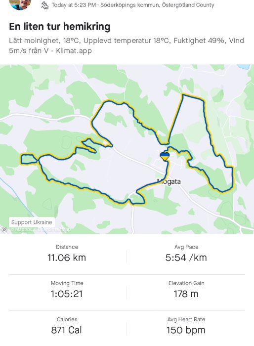 Skärmklipp av träningsapp med karta och statistik för en löprunda på 11.06 km, tid och hälsodata.