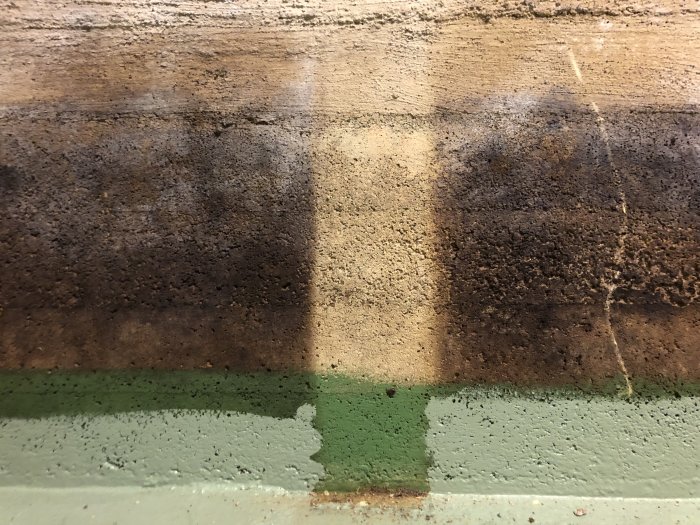 Vägg med synlig mögelpåväxt och resterna av hyllmonteringen där hyllorna har tagits bort.