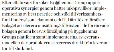 Skärmdump av text från Bygghemma Groups hemsida som beskriver företagets strategier efter förvärv för att skapa operativa synergier.