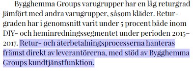 Skärmdump av text från Bygghemma Groups webbplats som diskuterar returgrader och kundtjänstfunktioner.