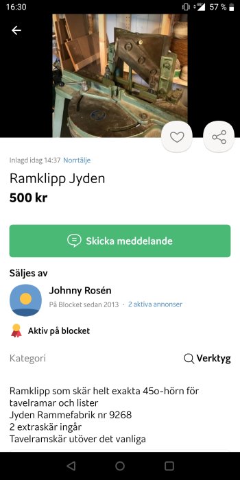 Begagnad Ramklipp Jyden för exakt skärning av tavelramar och lister, säljes.