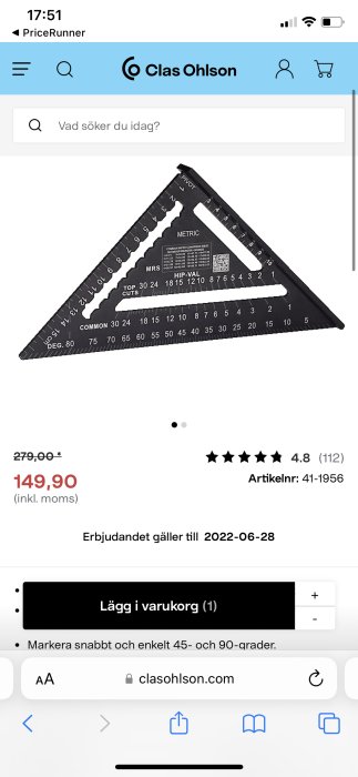 Svart byggnadsvinkel med märkningar för gradmått och tumstock för snickeri, på en webbutikssida.