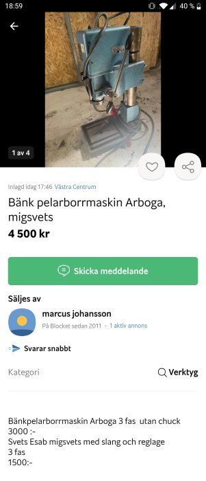 En bänkpelarborrmaskin Arboga 3 fas utan chuck för 3000 kronor står på ett betonggolv.