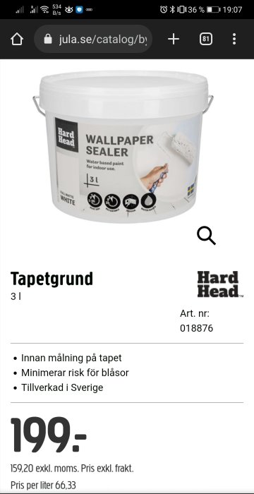 Hink med Tapetgrund från Hard Head, 3 liter, vit, minimerar blåsrisk, tillverkad i Sverige, pris 199 kr.