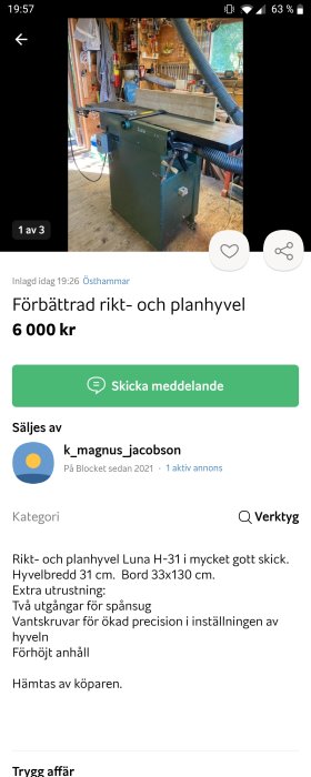 Rikt- och planhyvel Luna H-31 i verkstadsmiljö med verktygstavla i bakgrunden.