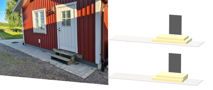 Röd stuga med vit dörr och två designförslag för en trappa i 3D-modell.