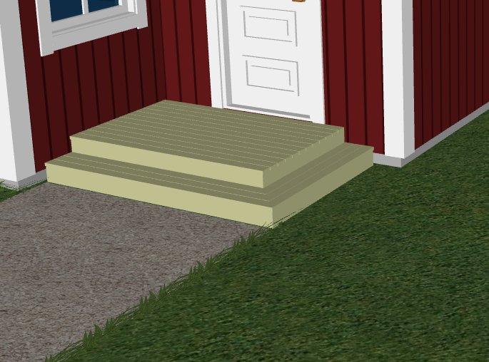 Illustration av en bred enkel trappa utformad för en sidoentré med två steg och omringande stenplattor.