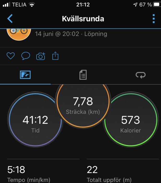 Skärmdump av löparapp som visar distans 7,78 km, tid 41:12, kaloriförbränning 573, tempo 5:18 min/km och höjdstigning 22 m.