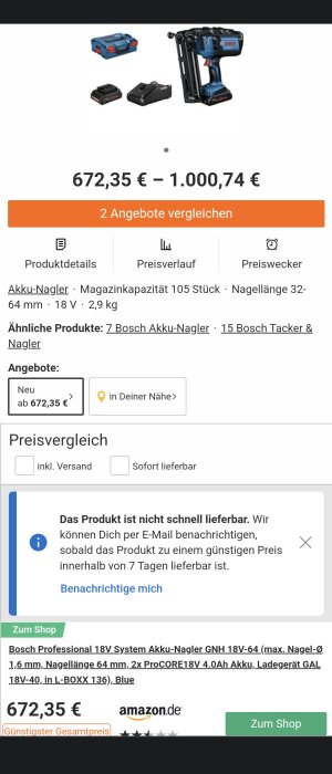 Bosch 18V system spikpistol GNH18V med 2 ProCORE 4.0Ah batterier och laddare, prisinformation och webblänk.