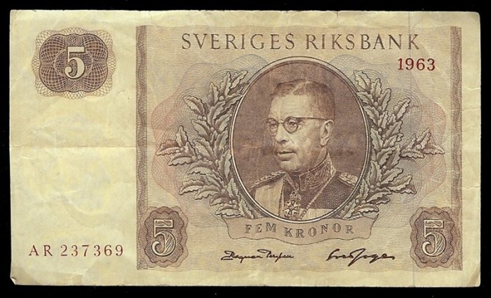 Svensk femkronorssedel från 1963 med porträtt av kung Gustaf VI Adolf.
