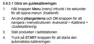 Instruktioner för omkalibrering av guide med menyval och knapptryckningar.