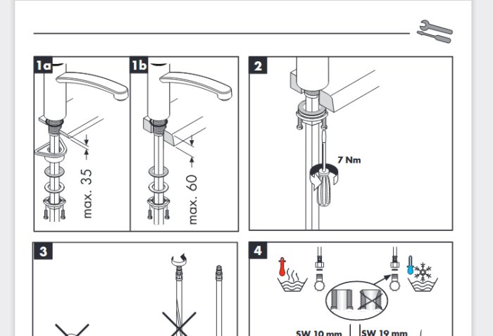 Illustration av monteringsanvisning för en Hansgrohe blandare med detaljerad fästningsprocess.