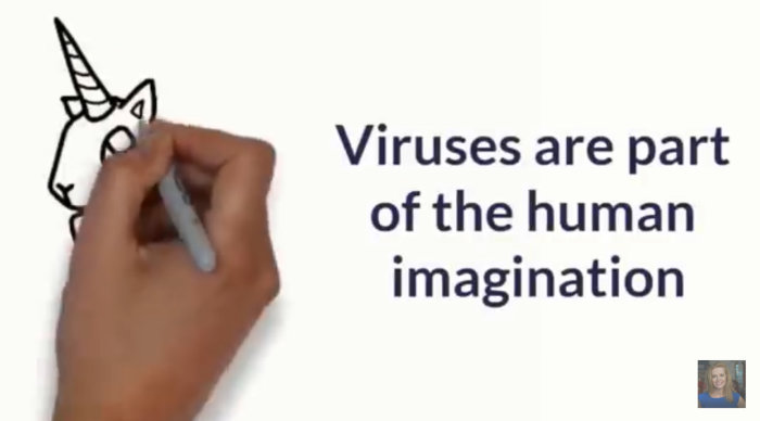 Hand som ritar en enhörning med texten "Viruses are part of the human imagination".