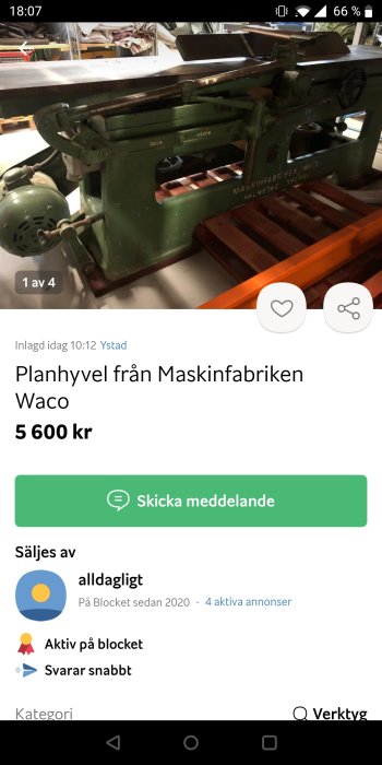 Begagnad grön planhyvel från Maskinfabriken Waco till salu, visas i ett arbetsrum.