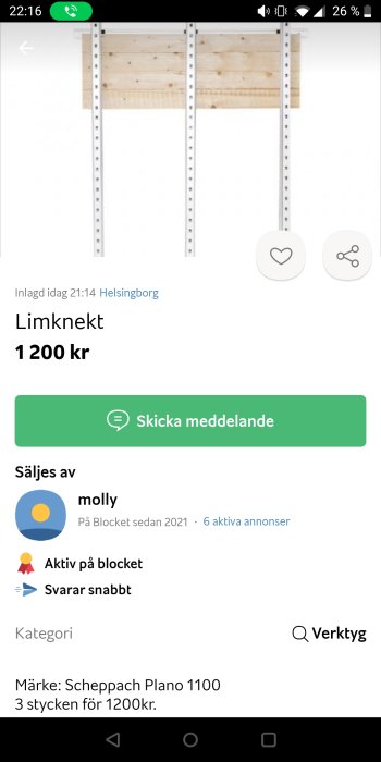 Metallstöd för byggnation annonserat online på en försäljningsapp, pris 1200 kr, plats Helsingborg.