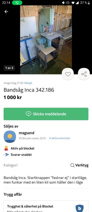 En bandsåg av märket Inca i en verkstadsmiljö.