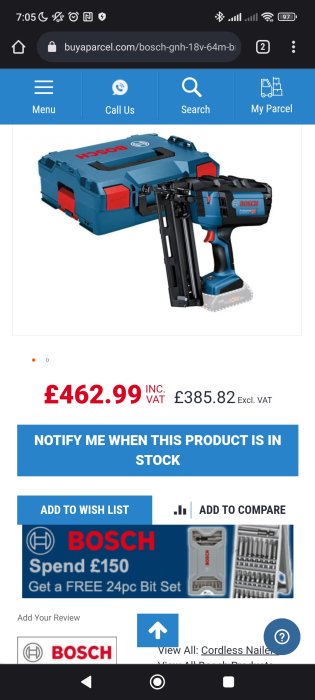 Bosch spikpistol GNH 18V-64 M utan batteri och laddare visad i öppen L-BOXX med priset £462.99.