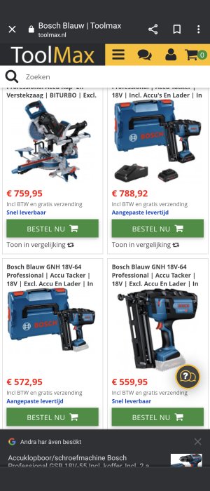 Skärmdump från en webbshop visar fyra olika Bosch elverktyg med priser och köpknappar.