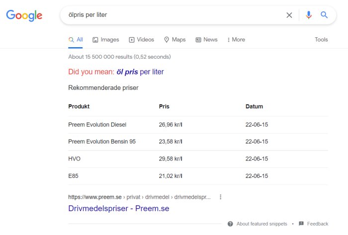Skärmdump av Google-sökning för "oljepris per liter" med rekommenderade bränslepriser och datum.