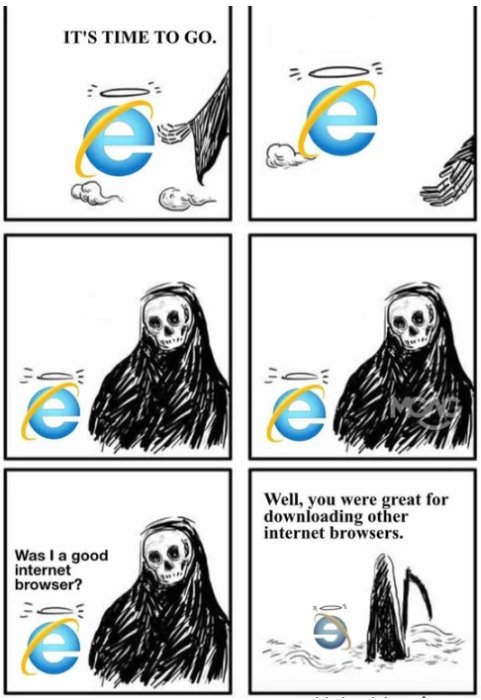Serie med fyra rutor som skämtsamt framställer Internet Explorer som en avlidande figur omfamnad av Ledsagaren.