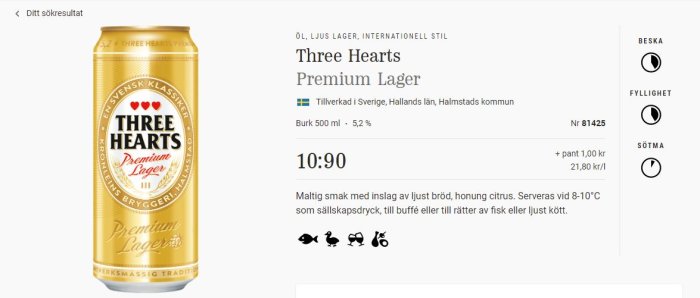 Burk av Three Hearts Premium Lager öl med pris- och smakinnehållsinformation bredvid.