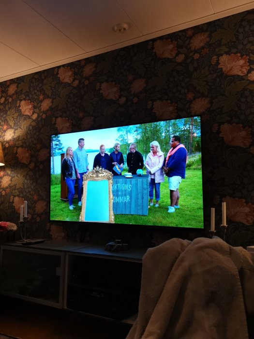 Tv-skärm som visar ett avsnitt av "Auktionssommar" med människor utomhus runt ett bord.