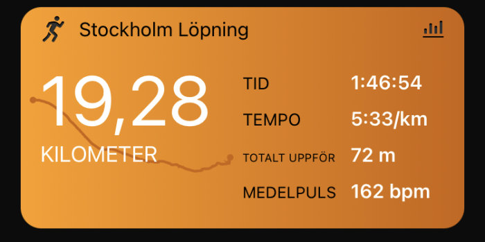 Skärmbild av en löpapp med statistik för en 19,28 kilometer löpning i Stockholm, inklusive tid, tempo, stigning och puls.