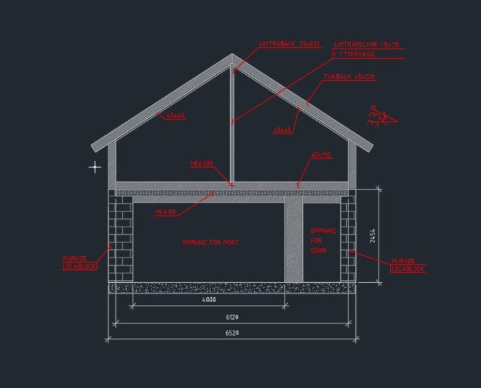 Teknisk ritning av en huskonstruktion med måttangivelser och materialspecifikationer på en mörk bakgrund.